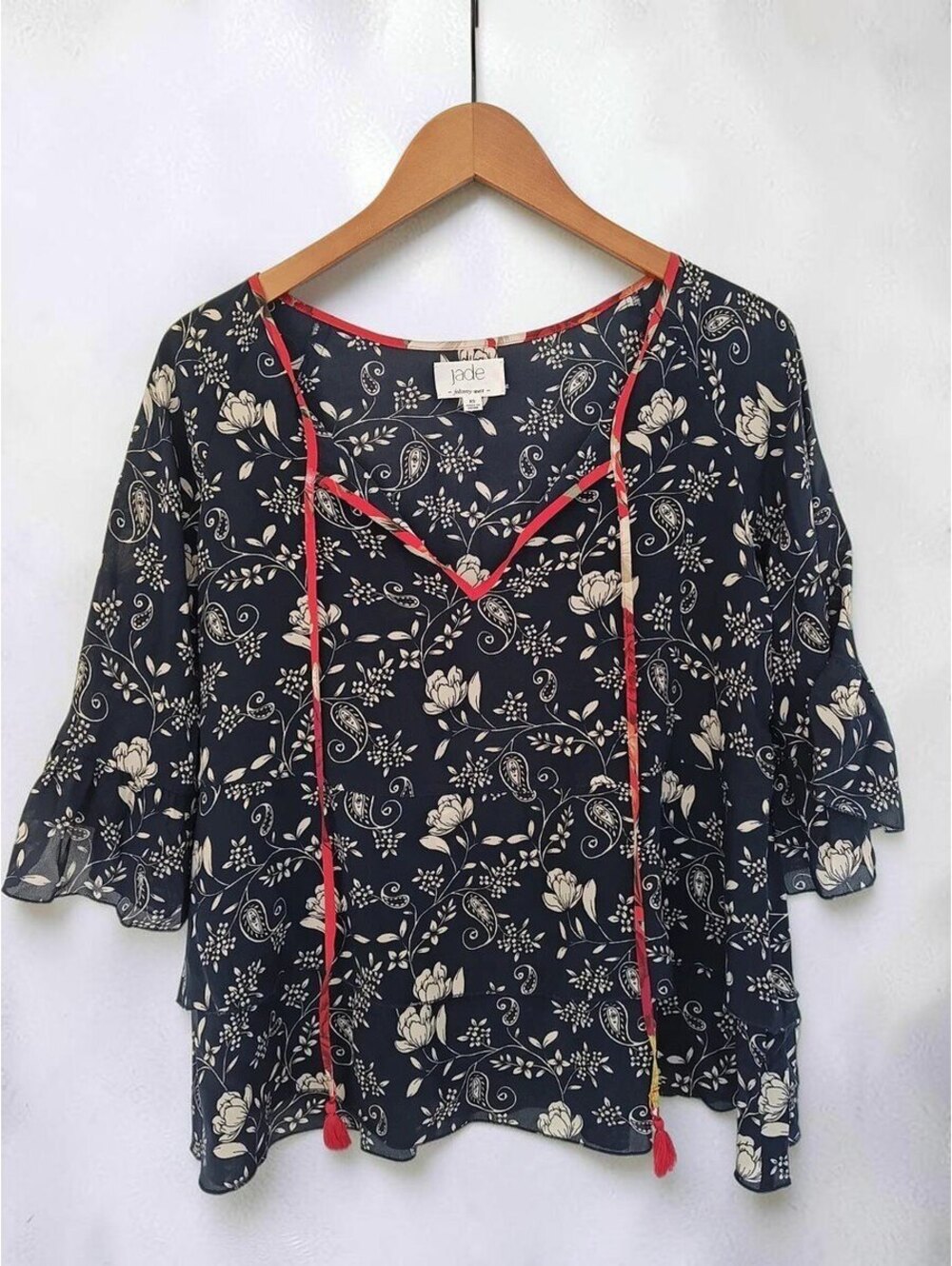 Jade by Johnny Was 100% Silk Tiered Blouse Navy Boho Plus Size 3X